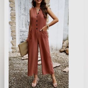 Boho Pocket Brown Trim Wide Leg Sleeveless Jumpsuit